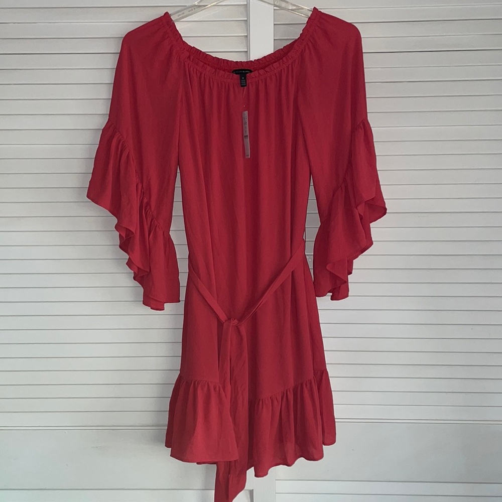 White House Black Market coral dress with ruffle details, size medium